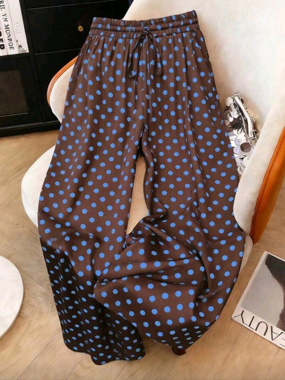 Women Summer Brown Polka Dot Wide Leg Pants,Retro Vintage 70s Drawstring